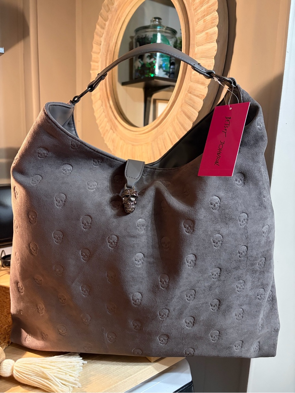 Betsey Johnson Gray Suede Skull-Embossed Hobo Bag